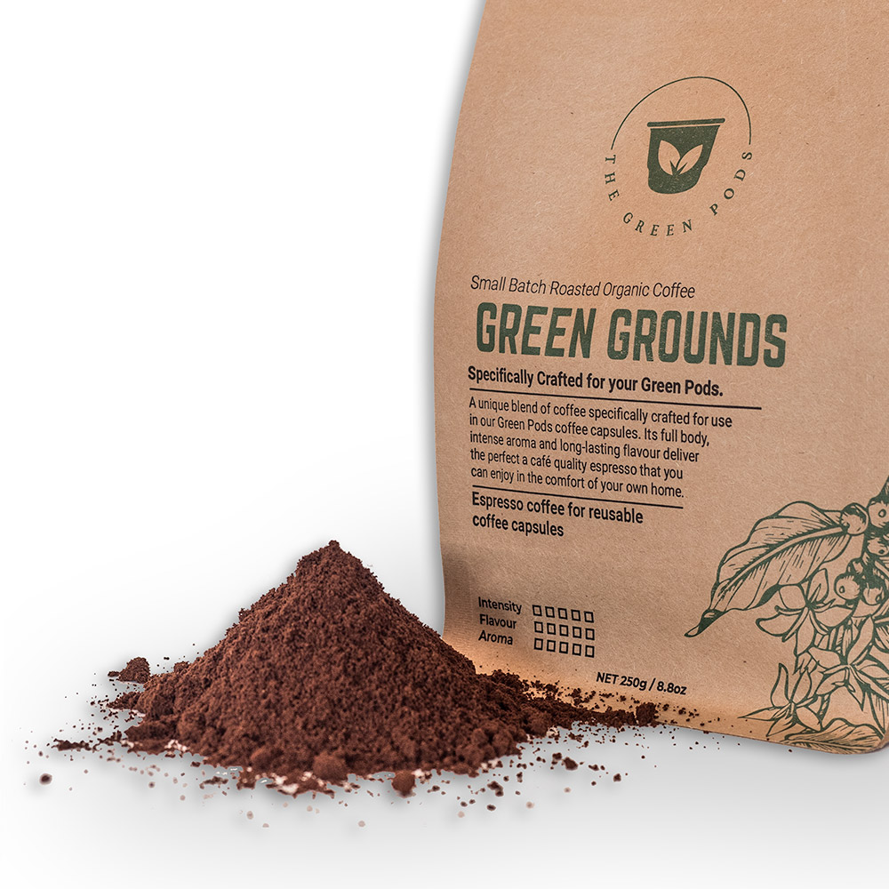 Green Grounds Coffee Bag Front Ground Zoomed In