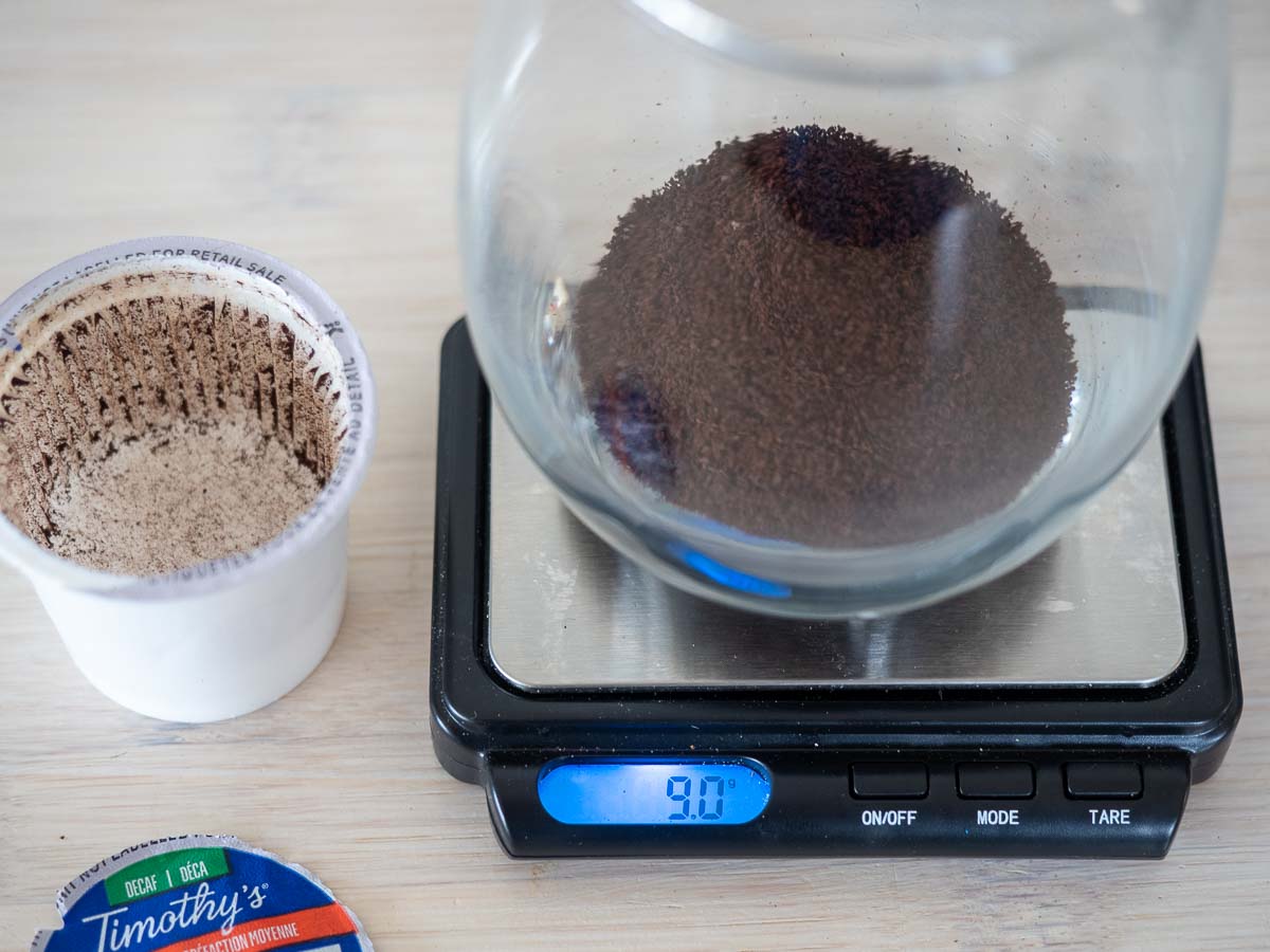How Much Coffee Is In A K Cup? (We Measured!) 4 The Green Pods weighing a k cup to find out how much coffee it contains